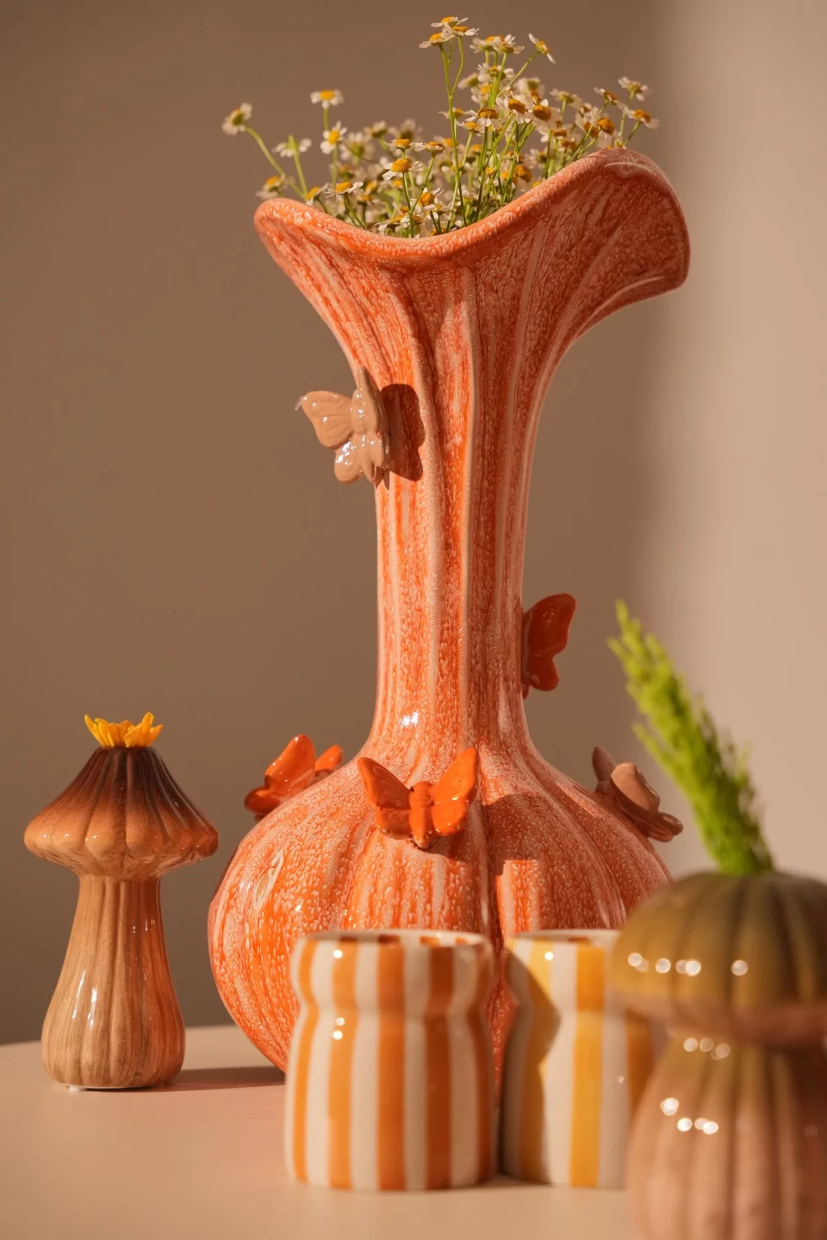 Vase deco Ø23x44 cm BUITERFLY ceramics orange+taupe - Image 2