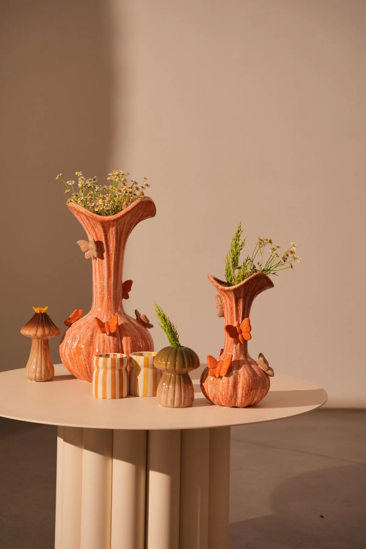 Vase deco Ø16x34 cm BUTTERFLY ceramics orange+taupe - Image 2