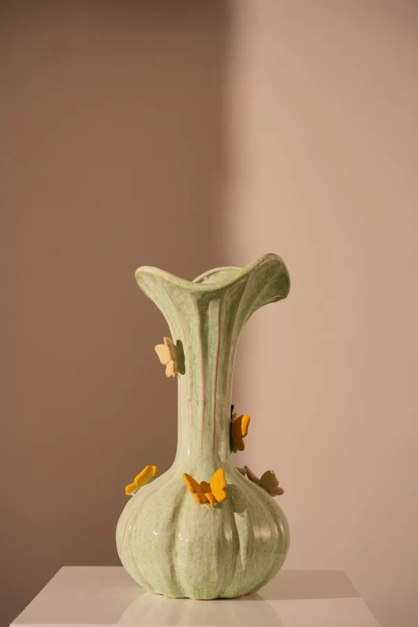Vase deco Ø23x44 cm BUTTERFLY ceramics mint green+yellow