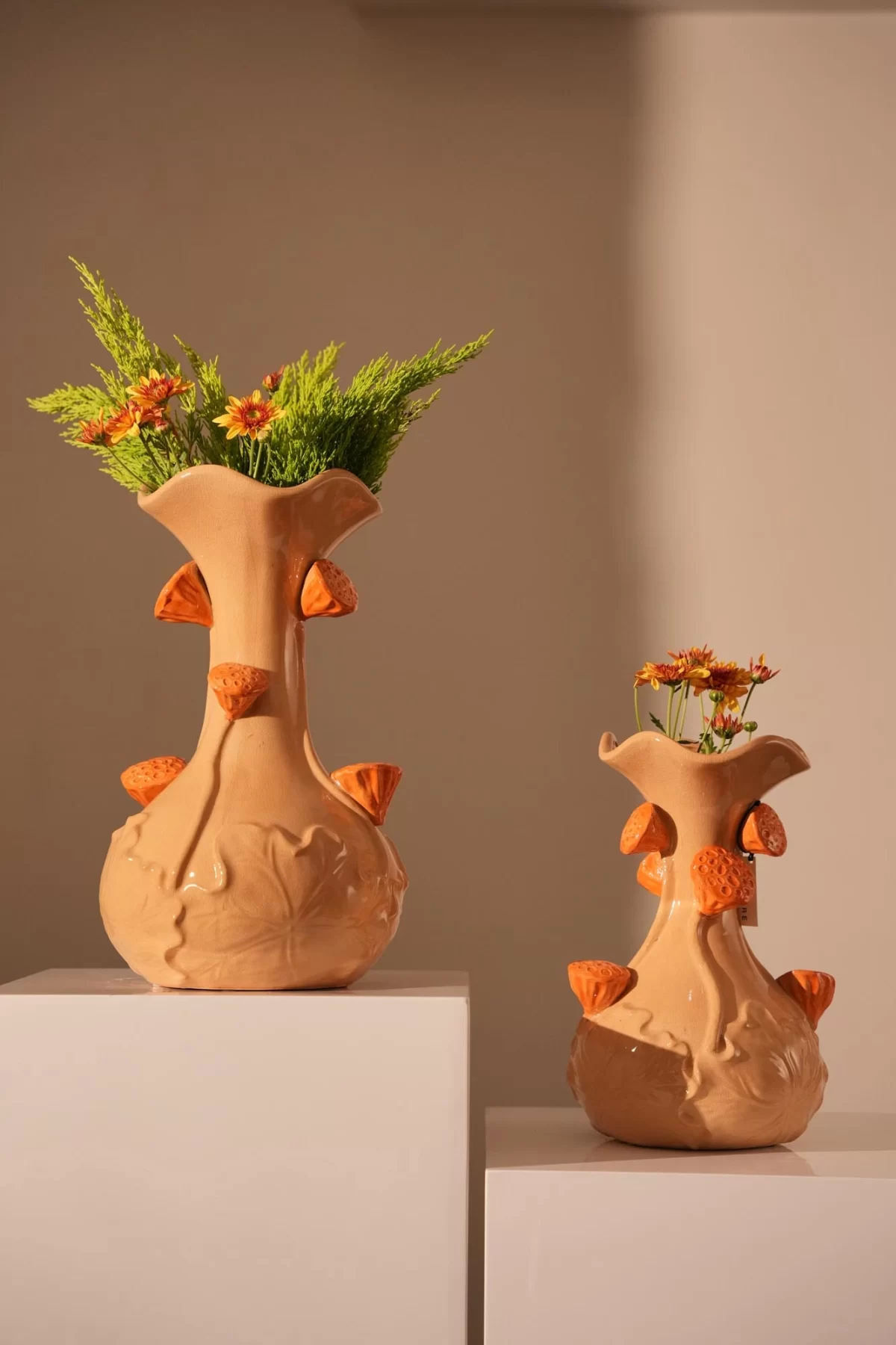 Vase deco Ø24x40 cm ODALI ceramics cream+orange - Image 2